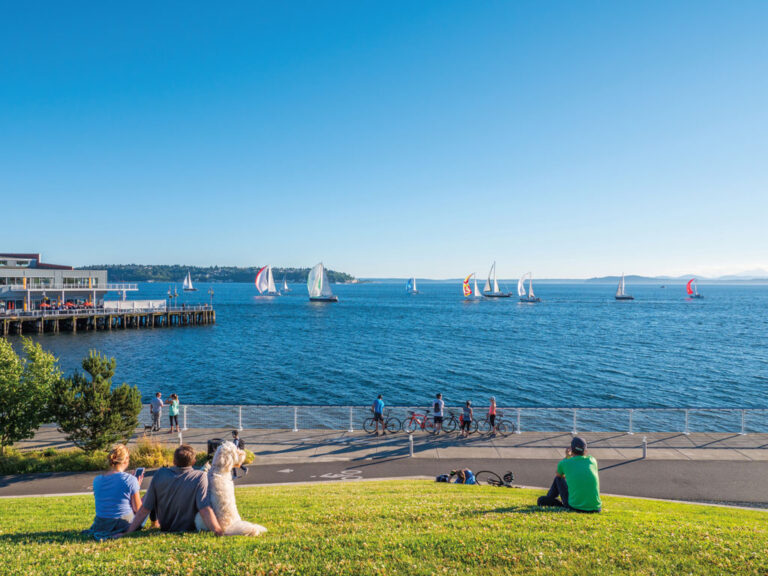 People relaxing on a grassy hill by the waterfront in Seattle’s Belltown neighborhood, watching sailboats on the blue water as cyclists ride along the path under a clear, sunny sky.