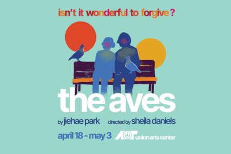 Two figures sit on a bench with pigeons beside them; text above reads “isn’t it wonderful to forgive?” Below, text states 