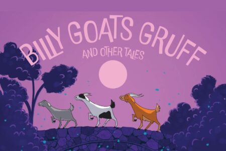 Illustration of three goats crossing a stone bridge with the text 