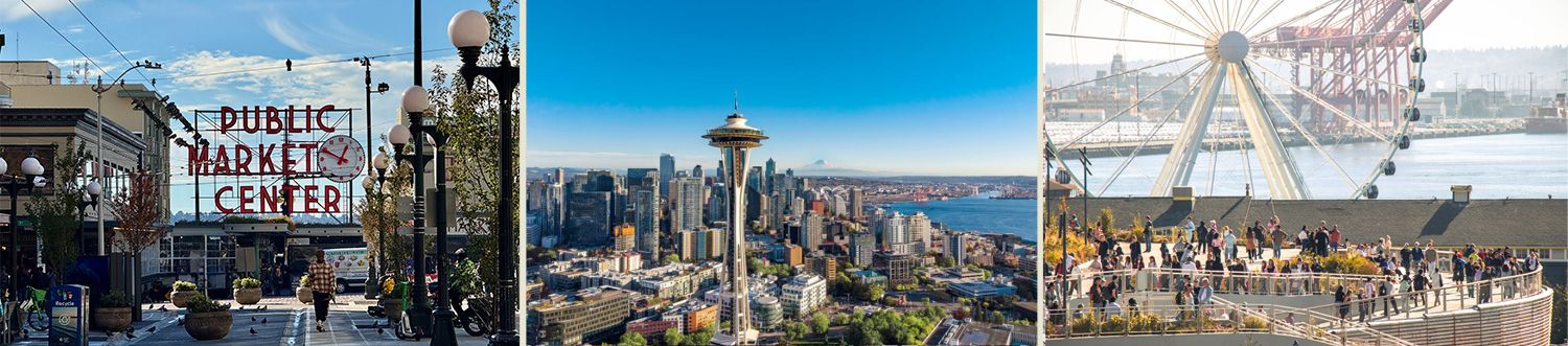 A collage showing Seattle landmarks: Pike Place Market entrance, the downtown skyline with Space Needle, and the waterfront with the Seattle Great Wheel and people on a rooftop deck.