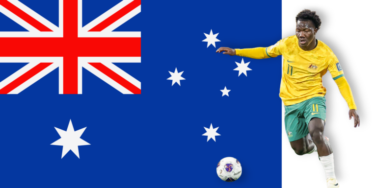 A soccer player in a yellow Australia jersey runs next to a soccer ball, set against the Australian flag in the background.