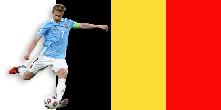 A soccer player in a light blue jersey and white shorts kicks a ball, with the background split into vertical stripes of white, black, yellow, and red, resembling the Belgian flag.