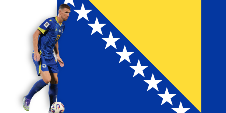 A male soccer player in a blue Bosnia and Herzegovina uniform is dribbling a ball, positioned next to the national flag of Bosnia and Herzegovina featuring white stars, blue, and yellow colors.