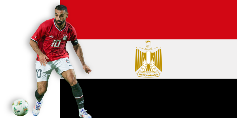 A soccer player in a red Egypt national team jersey with number 10 is dribbling a ball, set against the Egyptian flag featuring red, white, and black stripes with a golden eagle emblem.