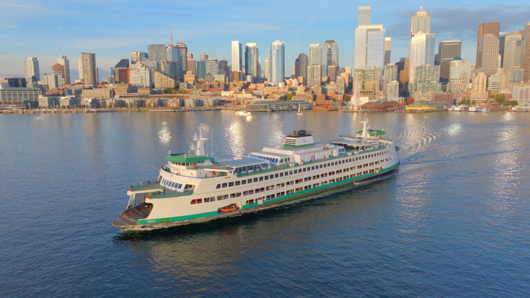 A large white and green ferry sails across calm water with a modern city skyline in the background under a clear sky.