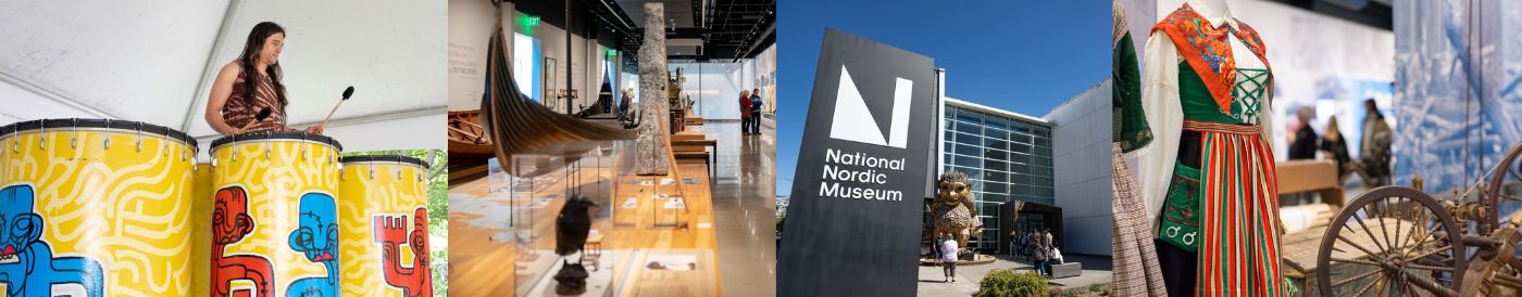 A collage with a woman speaking at colorful podiums, a wooden Viking ship display, the National Nordic Museum sign, and Nordic cultural exhibits including traditional clothing and artifacts.