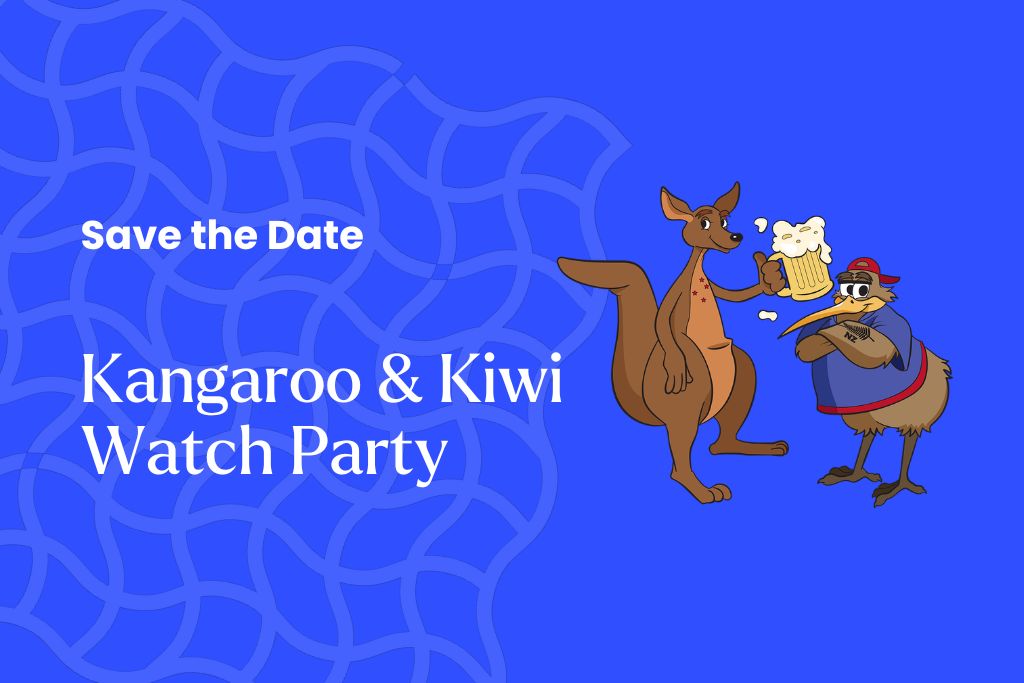 Illustration of a kangaroo holding a mug of beer and a kiwi bird wearing a hat and scarf. Text reads: "Save the Date Kangaroo & Kiwi Watch Party" on a blue patterned background.