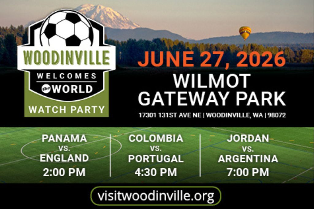 Event poster for a soccer watch party at Wilmot Gateway Park, Woodinville, on June 27, 2026, listing match times for Panama vs. England, Colombia vs. Portugal, and Jordan vs. Argentina.