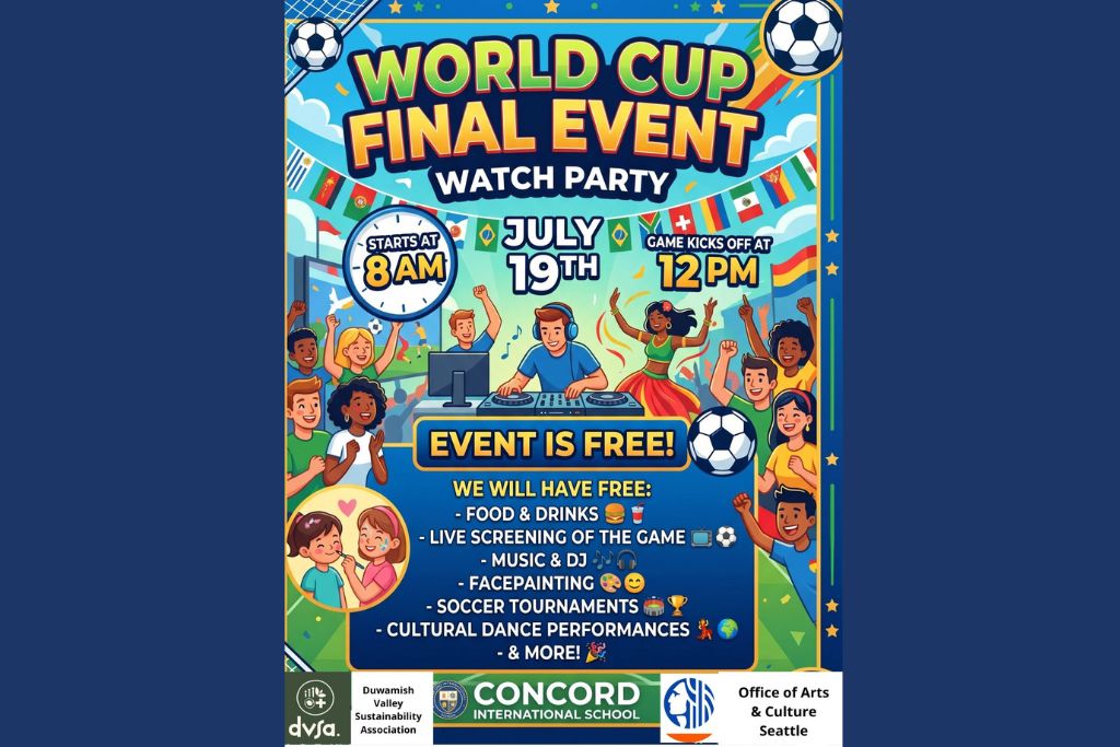 Colorful flyer for a World Cup Final Watch Party on July 19th; starts 8 AM, game at 12 PM. Free entry, food, drinks, screening, DJ, face painting, soccer tournaments, dance performances, and more. Soccer and festive graphics.