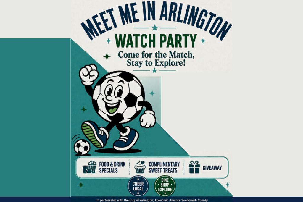 Cartoon soccer ball mascot inviting people to a "Meet Me in Arlington" watch party event with offerings like food and drink specials, complimentary sweet treats, and giveaways. Text encourages attending the match and exploring Arlington.