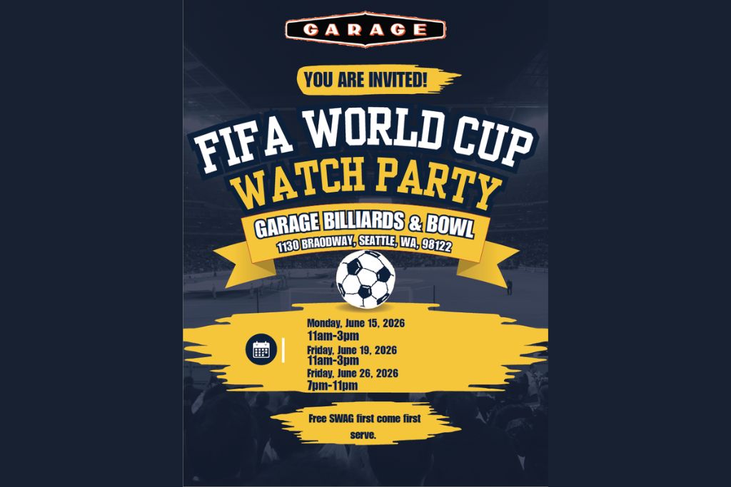 A poster for a FIFA World Cup Watch Party at Garage Billiards & Bowl, Seattle, with event dates, times, and free swag offer listed. The background features a stadium with lights.