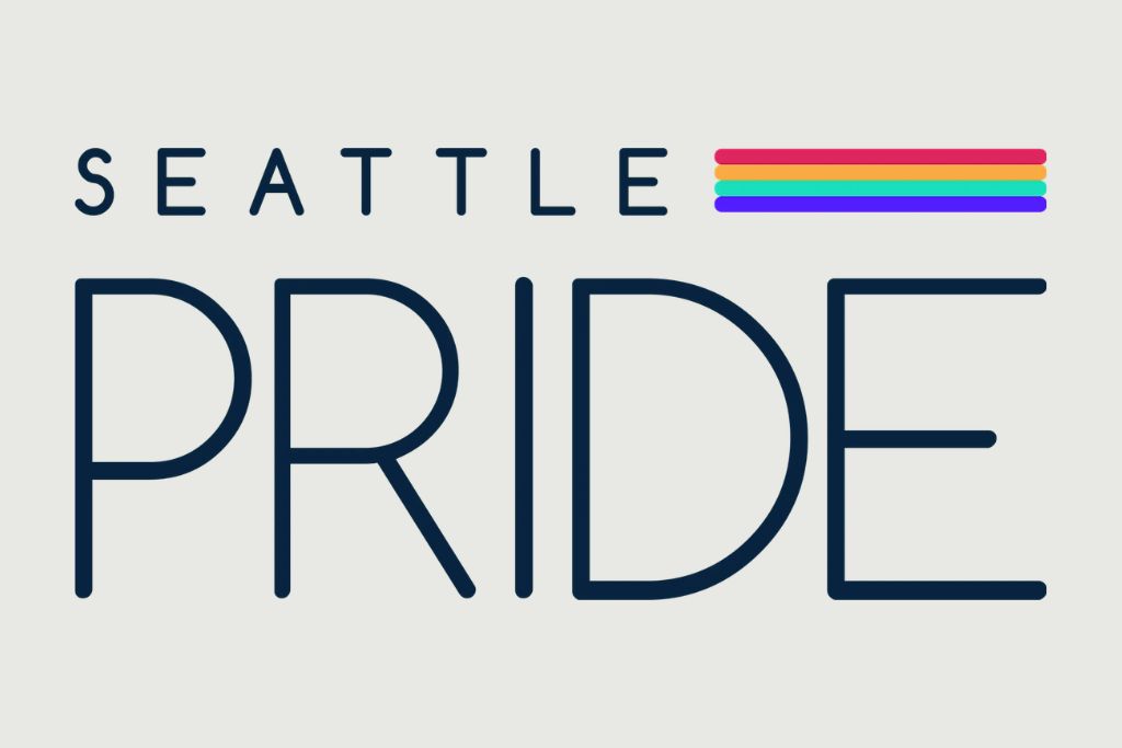 The image features the words "Seattle Pride" in bold letters. Above "Pride," there are five horizontal lines in rainbow colors, representing the LGBTQ+ pride flag. The background is light gray.