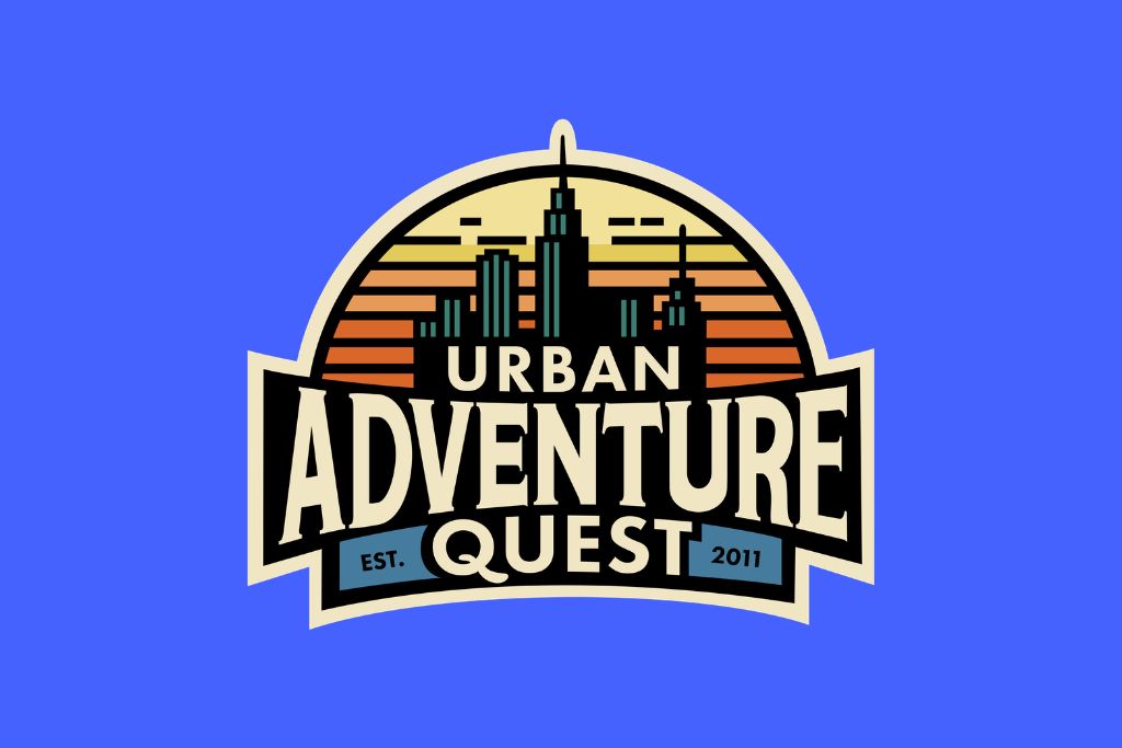 Logo for Urban Adventure Quest featuring a stylized city skyline against an orange sunset, with bold text reading “Urban Adventure Quest” and “Est. 2011” on blue banner elements. Background is bright blue.