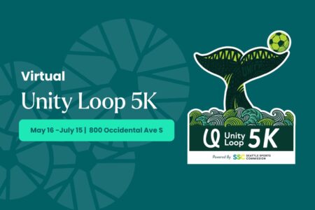 Promotional graphic for the virtual Unity Loop 5K, happening May 16 to July 15 at 800 Occidental Ave S, featuring a whale tail, waves, and a soccer ball, presented by Seattle Sports Commission.