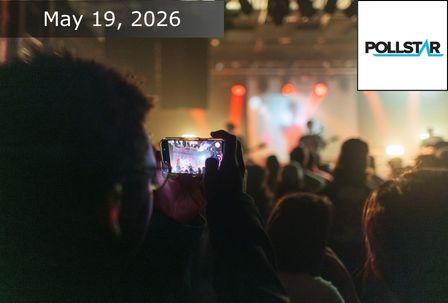 A person in a crowd films a concert with their phone. The stage is brightly lit with red and yellow lights. The date "May 19, 2026" and the Pollstar logo appear in the top corners of the image.