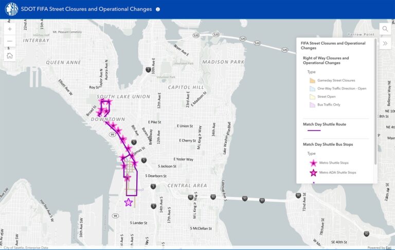 Map of Seattle highlighting FIFA street closures and operational changes in downtown with purple lines and icons. A legend explains closures, routes, and shuttle stops for match day near Lumen Field.