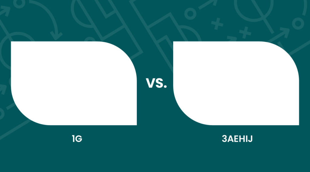 Two large, rounded white rectangles face off on a dark teal background with faint sports strategy diagrams, separated by "VS." in the center. The left rectangle is labeled "1G" and the right is labeled "3AEHIJ" below each shape.