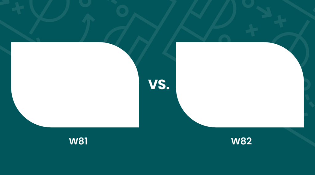 Graphic showing two white rounded rectangles labeled "W81" and "W82" on a dark teal background with sports field markings. The rectangles face each other with "vs." in between, suggesting a sports matchup.