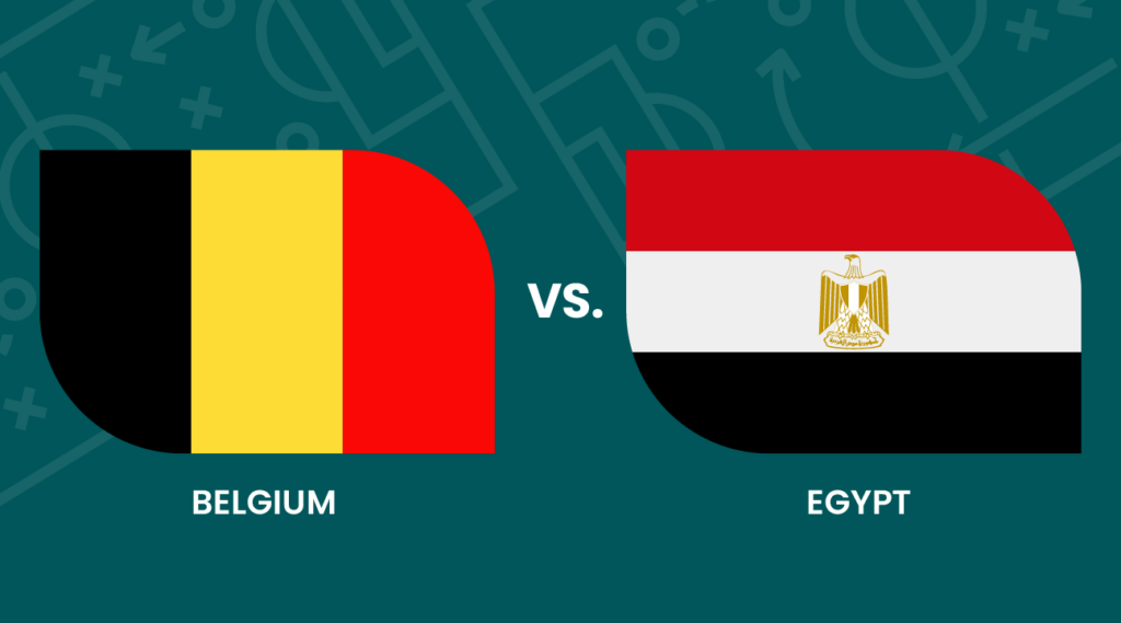 Two stylized flags: Belgium’s black, yellow, and red on the left, Egypt’s red, white, and black with a gold eagle on the right. "VS." is in the center, with "BELGIUM" and "EGYPT" labeled below each flag.