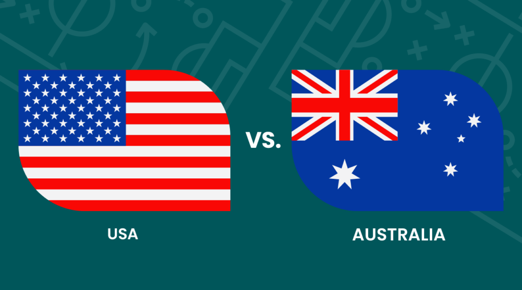 USA and Australia flags side by side with "VS." in between on a teal background, representing a competition or match between the two countries. The word "USA" is under the American flag, "AUSTRALIA" under the Australian flag.