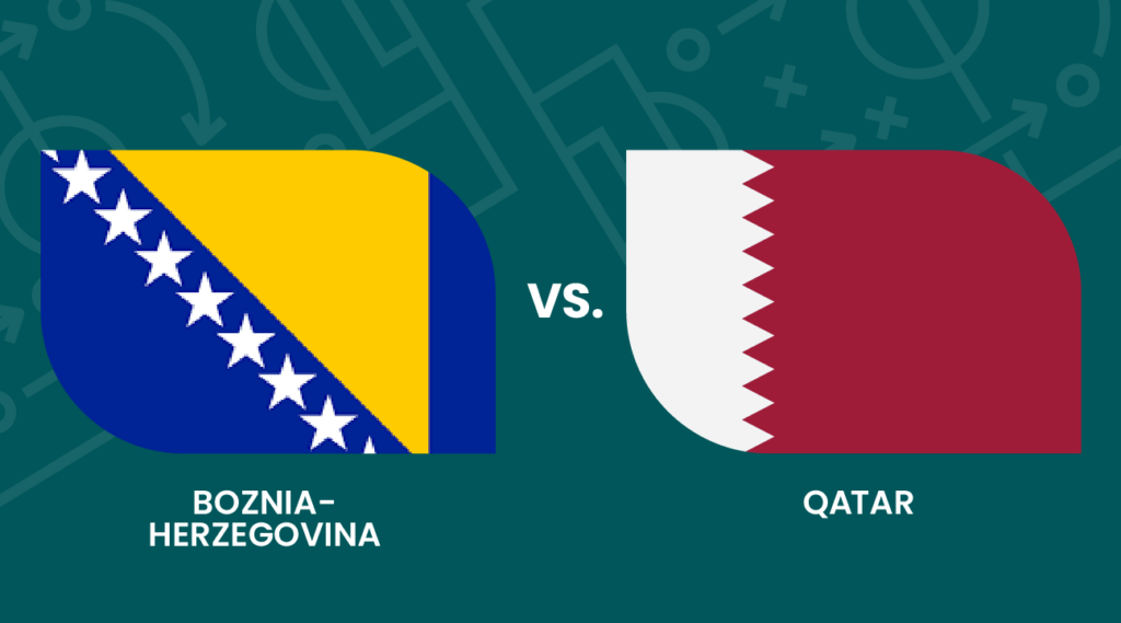 Graphic showing stylized flags of Bosnia-Herzegovina (left) and Qatar (right) with "VS." in between. "Bosnia-Herzegovina" and "Qatar" are written below their respective flags. Background features faint sports field markings.