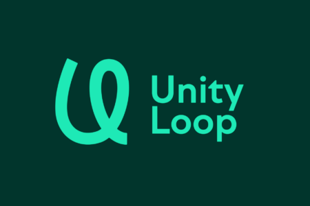 A teal logo with a stylized loop shape to the left and the words 