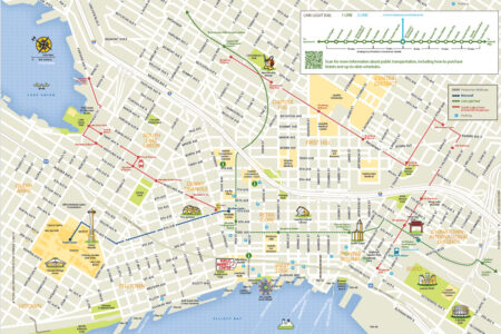 Illustrated map of downtown Seattle showing landmarks, bus and streetcar routes, LInk Light Rail, parks, piers, and notable neighborhoods like Capitol Hill, South Lake Union, and Pioneer Square, with a route legend in the corner.