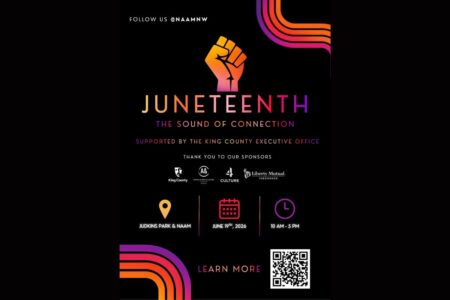 A Juneteenth event flyer features a raised fist above bold “Juneteenth” text. Event details include June 19th, Judkins Park & NAAM, 10 AM–5 PM, with sponsor logos, a QR code, and rainbow accents on a black background.