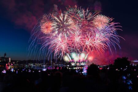 Colorful fireworks burst in the night sky over a body of water, illuminating the scene and reflecting on the water, while a crowd of people watches and takes photos in the foreground.