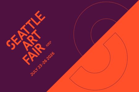 Graphic design poster for the Seattle Art Fair NW, July 25-26, 2026. Diagonal split background in dark purple and orange with large abstract 
