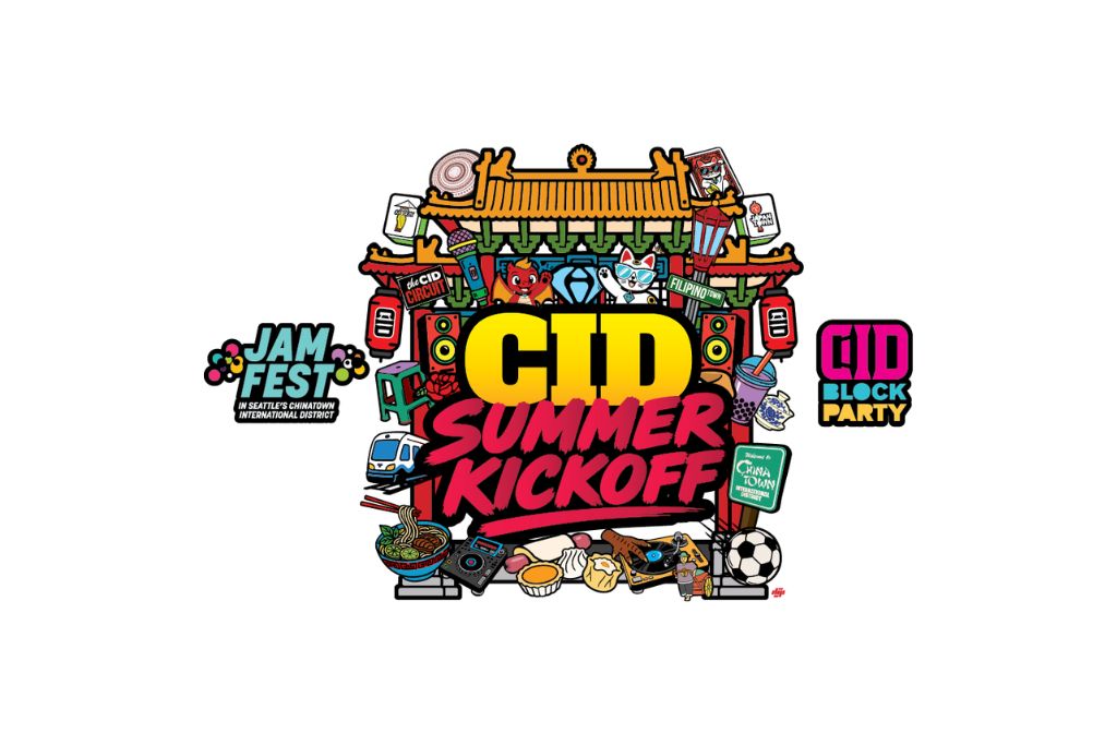 Colorful graphic for "CID Summer Kickoff" featuring food, drinks, sports, and music icons, with text for "Jam Fest" and "CID Block Party" on each side and an illustrated Chinatown gate at the top.