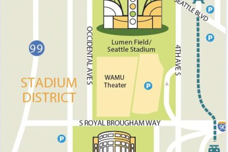 Map of Seattle's Stadium District showing Lumen Field, WAMU Theater, and T-Mobile Park, nearby streets, parking lots, train stations, and bus stops, with icons for transportation and landmarks.