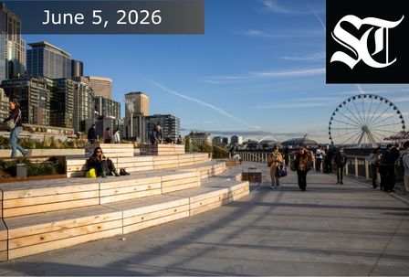 People walk and relax on wooden seating along a city waterfront with modern buildings, a large Ferris wheel, and the date "June 5, 2026" displayed at the top left, next to a stylized "ST" logo.