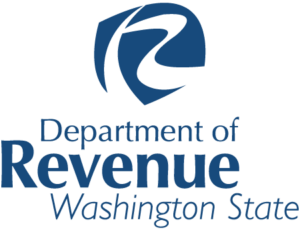Logo of the Washington State Department of Revenue, featuring a stylized blue "R" above the words "Department of Revenue Washington State" in blue text.