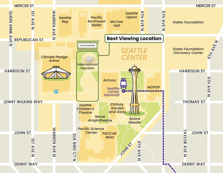 Map of Seattle Center with labeled buildings, streets, and landmarks like the Space Needle, Climate Pledge Arena, and Pacific Science Center. A "Best Viewing Location" box highlights a spot near the International Fountain.