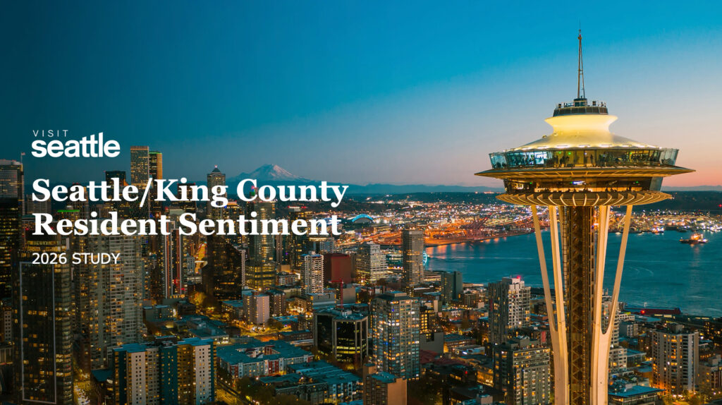 A view of downtown Seattle with the Space Needle in the foreground at sunset, city lights glowing and Mount Rainier in the background. Text reads: "Seattle/King County Resident Sentiment 2026 Study.