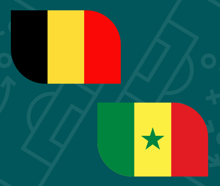 Two speech bubbles with national flag designs: the top bubble has the black, yellow, and red stripes of Belgium, and the bottom bubble has the green, yellow, and red stripes with a star from Senegal, on a teal background with sports field lines.