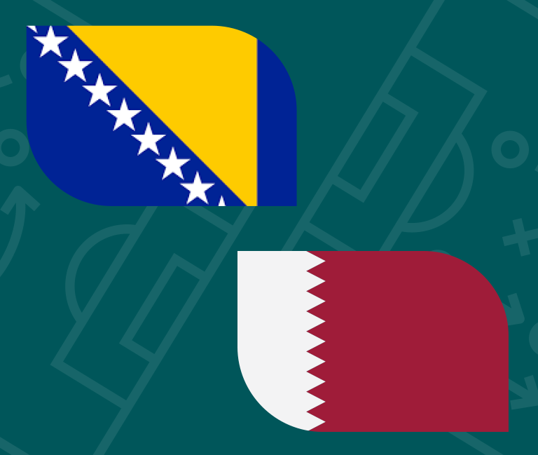 Two rounded-rectangle flags: the top flag is blue, yellow, and white with stars (Bosnia and Herzegovina), the bottom flag is maroon and white with a zigzag edge (Qatar), shown on a teal background with a soccer field diagram.