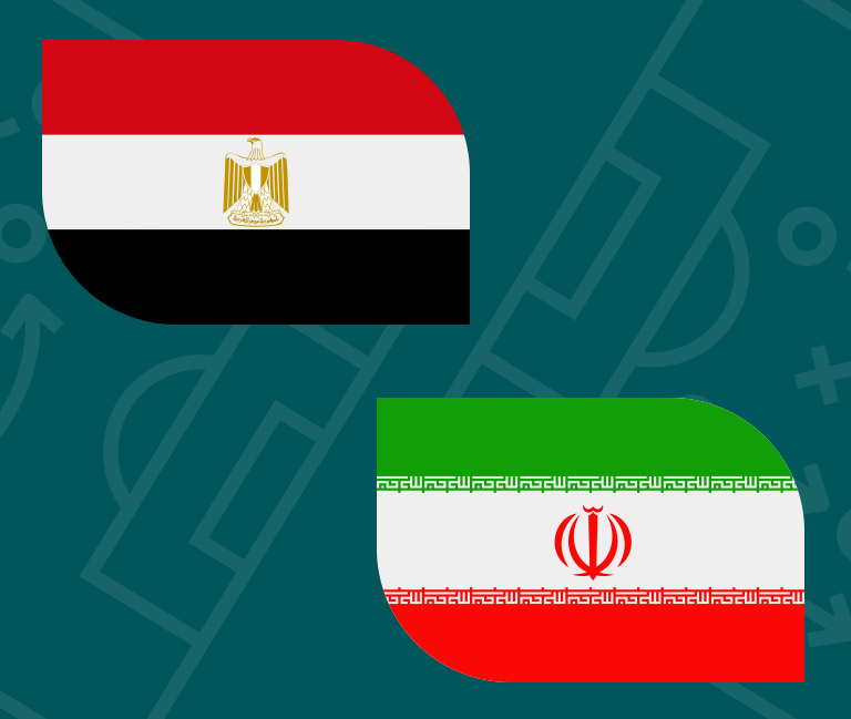 Two speech bubbles with flags: Egypt’s flag (red, white, black stripes with a golden eagle) and Iran’s flag (green, white, red stripes with emblem and script) on a teal background with faint football field lines.