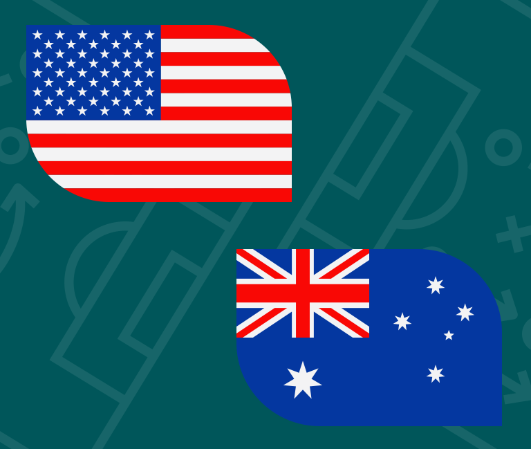 Two speech bubbles with the flags of the United States (top left) and Australia (bottom right) are shown over a faint background of a soccer field diagram.