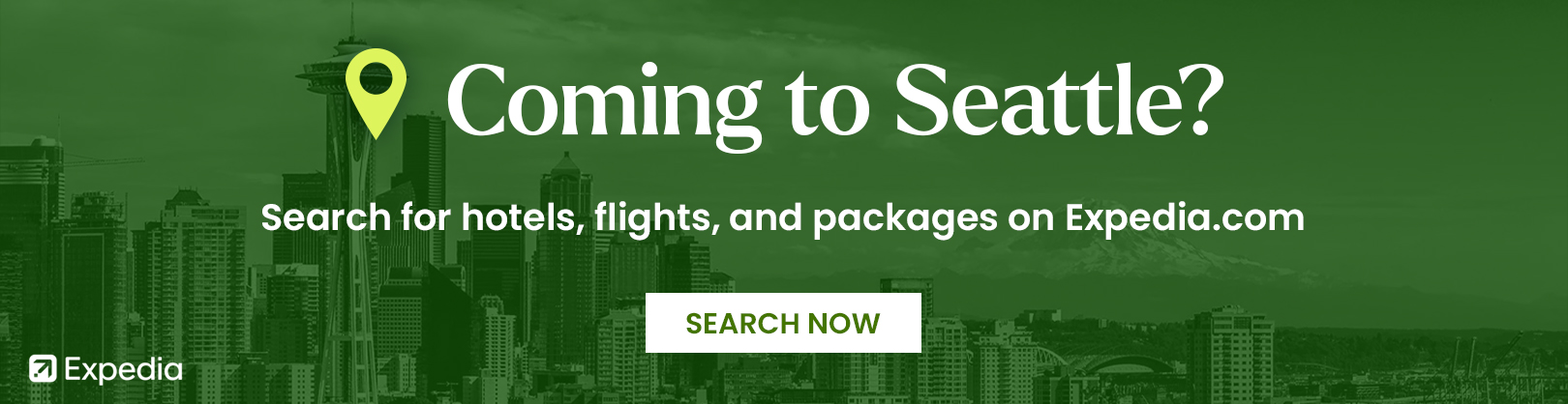 Expedia ad with Seattle skyline in background, text reads: "Coming to Seattle? Search for hotels, flights, and packages on Expedia.com." Button below says "SEARCH NOW.