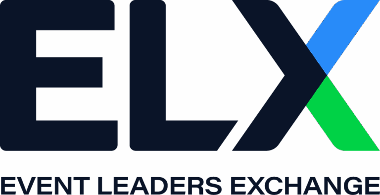 The image shows the logo for "ELX" with the text "EVENT LEADERS EXCHANGE" below. The "X" in "ELX" is colored blue and green, while the other letters are in dark blue.