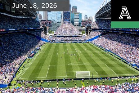 A packed stadium with fans watching a soccer match on a sunny day, city skyline in the background. The date "June 18, 2026" and The Athletic logo appear at the top of the image.