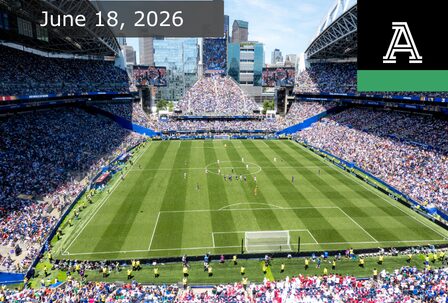 A packed stadium with fans watching a soccer match on a sunny day, city skyline in the background. The date "June 18, 2026" and The Athletic logo appear at the top of the image.