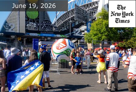 Soccer fans gather outside a stadium entrance decorated with a giant soccer ball; some wear team jerseys, one holds a Bosnia and Herzegovina flag. The date "June 19, 2026" and The New York Times logo appear on the image.