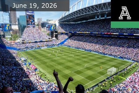A packed soccer stadium hosts a match under a sunny sky, with fans cheering. The date "June 19, 2026" and The Athletic logo appear at the top of the image.