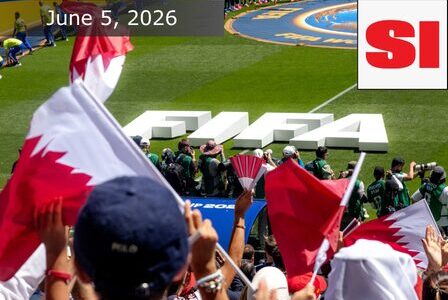Fans wave red and white flags at a FIFA event in a stadium. The date "June 5, 2026" and the Sports Illustrated (SI) logo appear at the top.