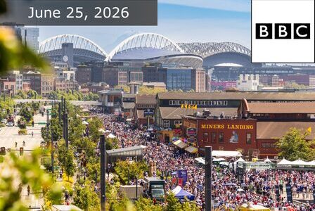 A large crowd gathers at Miners Landing in Seattle under clear skies, with stadiums in the background. The image displays “June 25, 2026” and the BBC logo in the corners.