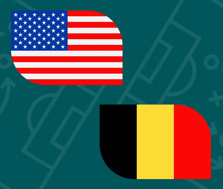 Two speech bubbles with the United States flag and Belgium flag appear above a graphic of a soccer field, representing a conversation or match between the USA and Belgium.