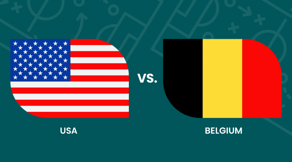 Two stylized flags, the USA flag on the left and the Belgium flag on the right, face each other with "VS." between them. The background is teal with faint sports strategy icons.